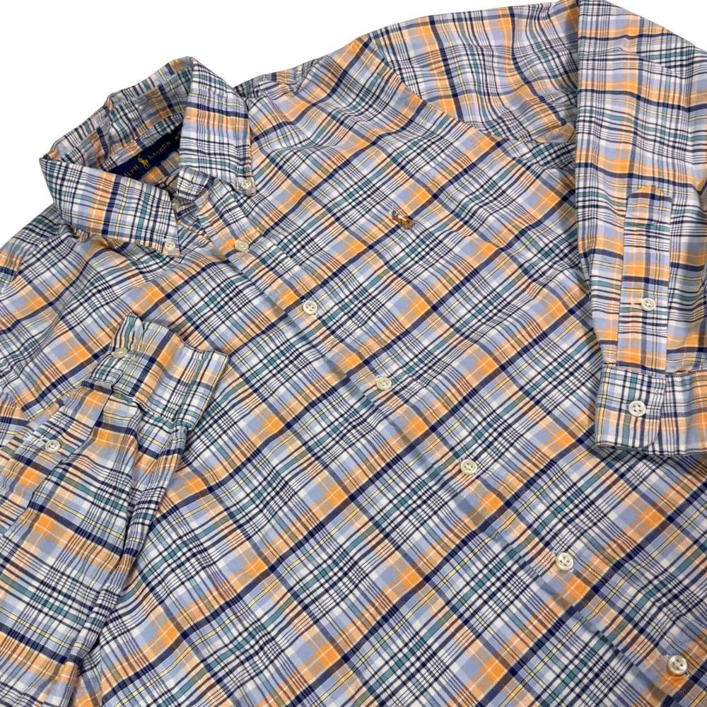 Ralph Lauren Button Down Shirt Medium Blue Orange Plaid Cotton Long Sleeve Pony